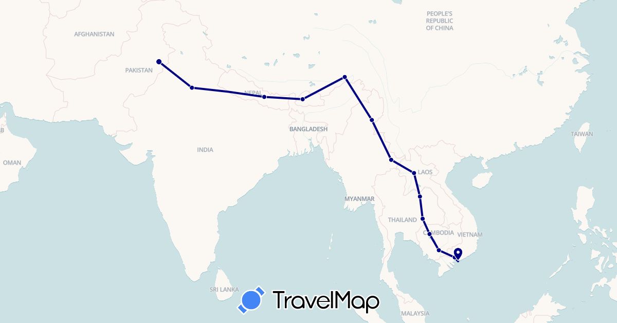 TravelMap itinerary: driving in Bhutan, China, India, Cambodia, Laos, Myanmar (Burma), Nepal, Pakistan, Thailand, Vietnam (Asia)
